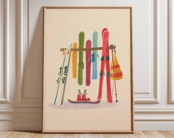 Ski Lodge Wall Art | Vintage Winter Sports Poster | Colorful Ski Equipment Print | Alpine Cabin Decor | Retro Skiing Artwork