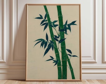 Puede incluir: Una impresión enmarcada con un diseño de bambú. La obra de arte muestra tallos y hojas de bambú verdes sobre un fondo crema. La impresión está encerrada en un marco de madera, agregando un toque natural.