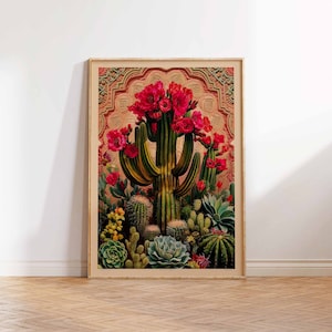 Vintage Mexican Cactus Poster, Colourful Mexican Art Prints, Mexican Decor, Traditional Mexican Art, Floral Decor, Latin Print, Mexican Gift image 2