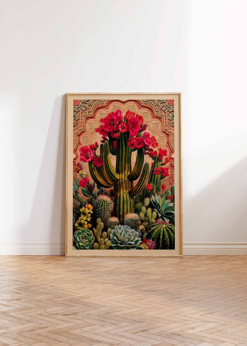 Vintage Mexican Cactus Poster, Colourful Mexican Art Prints, Mexican Decor, Traditional Mexican Art, Floral Decor, Latin Print, Mexican Gift image 2