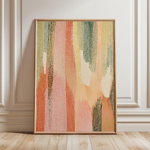 Peut inclure: Une œuvre d'art murale encadrée rectangulaire présentant une composition abstraite de bandes verticales. Le motif se compose de points texturés et de blocs de couleurs unies dans des tons terre cuite, vert sauge, jaune pâle, crème et pêche.