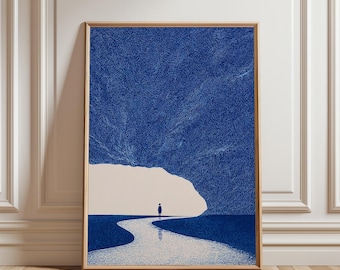 Póster minimalista de horizonte azul / Arte abstracto de la naturaleza / Decoración de pared vertical azul marino