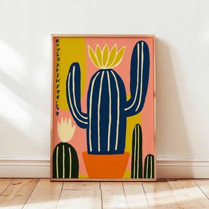 Mexikanisches Kaktus Poster mit japanischem Einfluss, Retro botanische Wandkunst Druck, buntes Wüstenpflanzendekor, moderne minimalistische Kaktuskunst