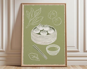 Puede incluir: Impresión enmarcada con un dibujo lineal de dim sum, palillos y un cuenco para mojar sobre un fondo verde. La ilustración incluye una cesta de vapor de bambú con empanadillas y contornos de hojas y empanadillas.