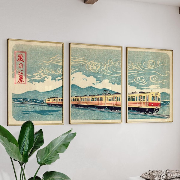 Japanese Woodblock Train Print Set | Vintage Railway Triptych