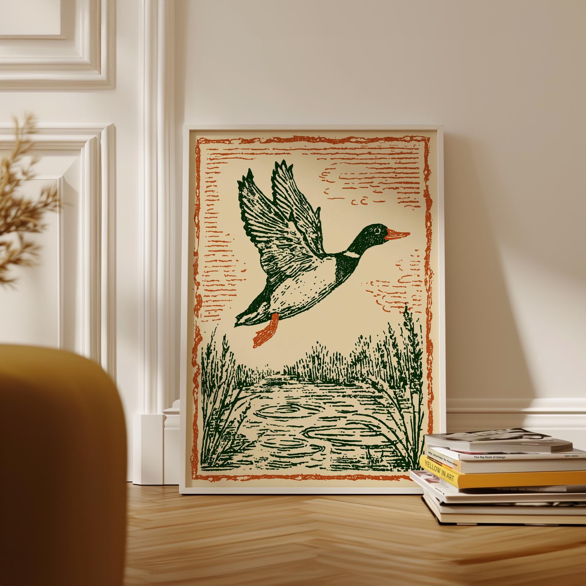 Vintage Linocut Duck Poster, Green and Orange Wildlife - Etsy