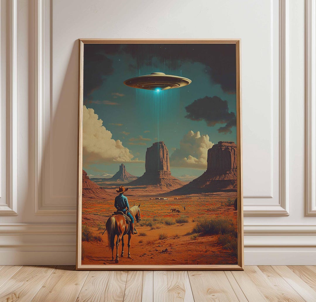 Cowboy and UFO Poster, Sci-fi Western Wall Art of Monument Valley ...