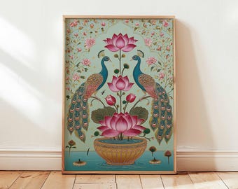 Peacock and Lotus Indian Wall Art Print, Traditional Animal Decor
