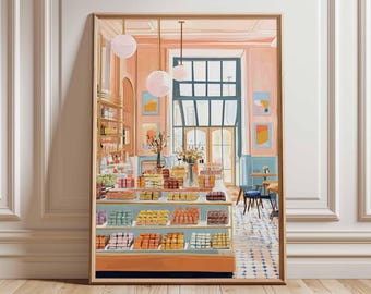 French Patisserie Art Print, Colorful Macaron Illustration, Cozy Kitchen Decor