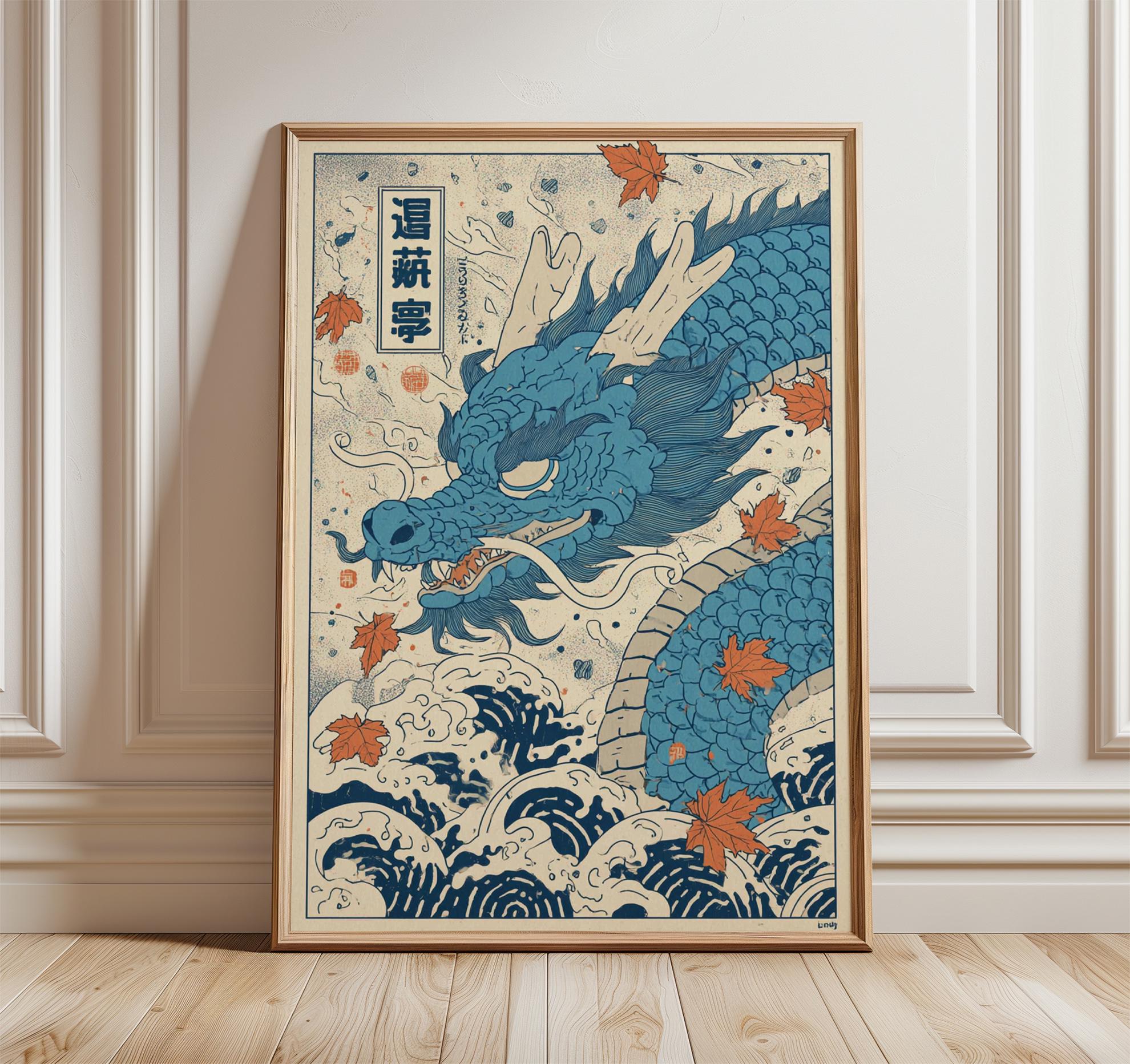 Blue Dragon Art Print, Ukiyo-e Japanese Wave Poster - Etsy