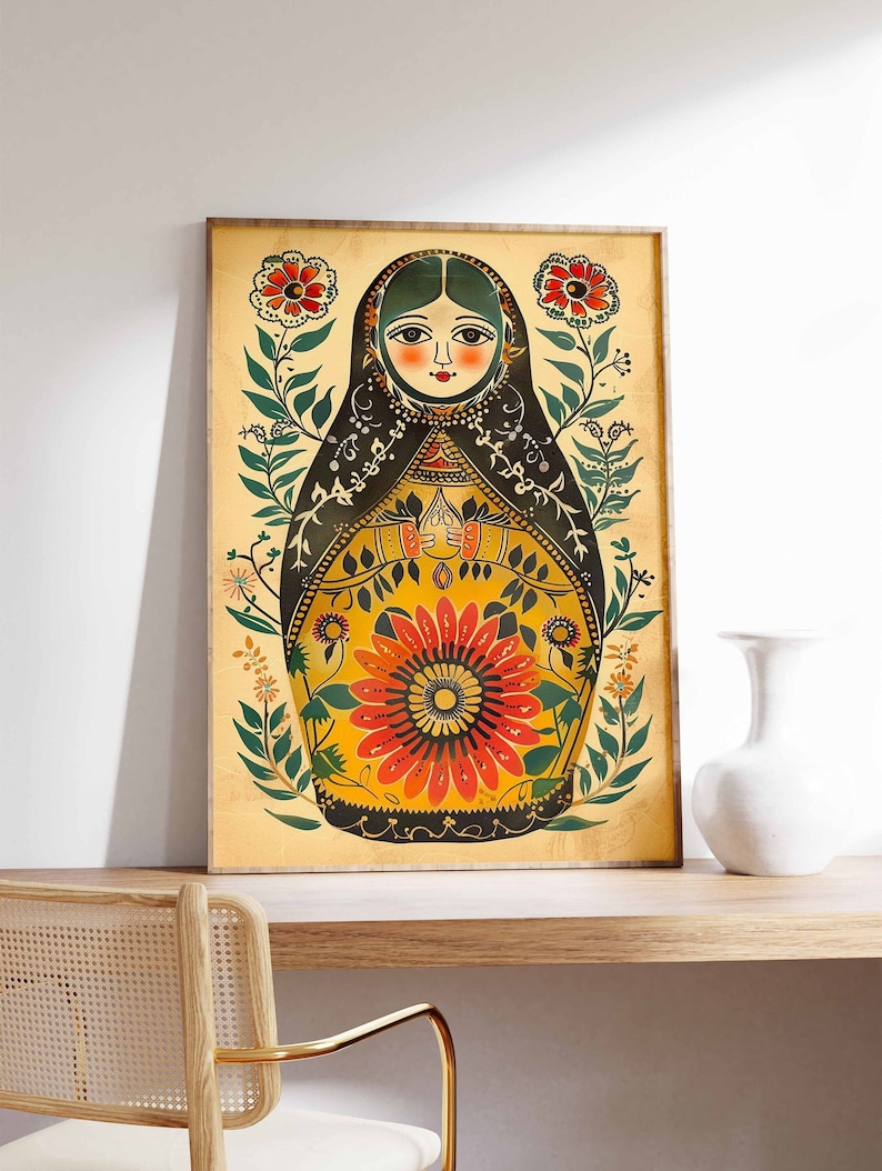 May include: A colourful illustration of a traditional Russian nesting doll, or matryoshka doll, with a floral design. The doll is depicted with a black headscarf, a yellow dress, and a red flower on her chest. The background is a pale yellow with green foliage and red flowers.