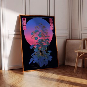 May include: A framed art print featuring a stylized floral arrangement in shades of blue and teal against a black background. The artwork includes a gradient circle in pink and blue, with Japanese text on the sides. The frame is a warm brown.