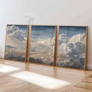 Juego de 3 impresiones de arte de pared con nubes para dormitorio, pósteres de nubes blancas y cielo beige, decoración vintage para el hogar, juego de 3 pósteres grandes, decoración de dormitorio
