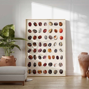 May include: A framed print of a coffee bean illustration. The print features a grid of coffee beans in various shades of brown, red, and white. The print is framed in a gold frame and is hanging on a white wall.