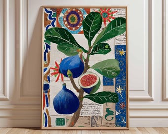 Boho Fig Collage Print, dekoracja ścienna do kuchni w stylu śródziemnomorskim