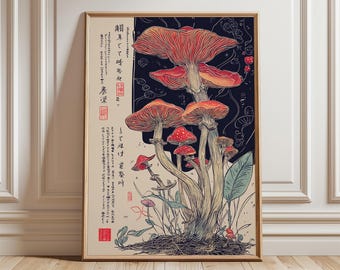 Japanese Mushroom Line Art Print, Retro Botanical Poster