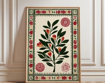 Botanical Folk Art Poster, Vintage Floral Tree Illustration with Red Border