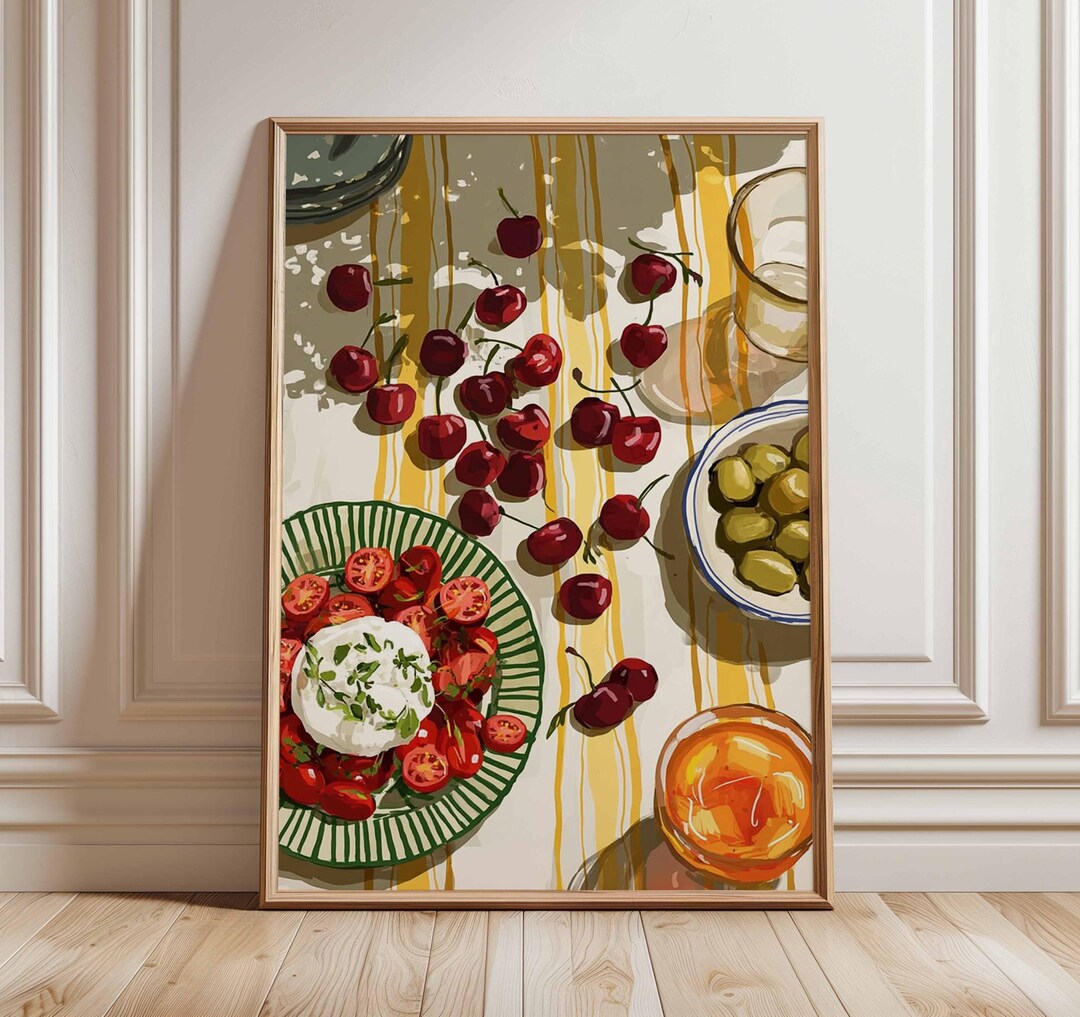set of three mediterranean kitchen prints | framed... Mediterranean Still Life Art Print, Cherries, Olives, Rustic Kitchen ...