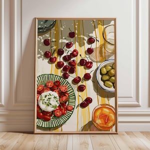 Lámina de cocina mediterránea, póster de bodegón gastronómico, colorida obra de arte para comedor, ilustración de frutas y ensaladas, decoración rústica de pared.