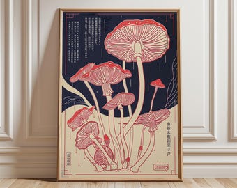 Japanese Mushroom Line Art Print, Vintage Botanical Poster