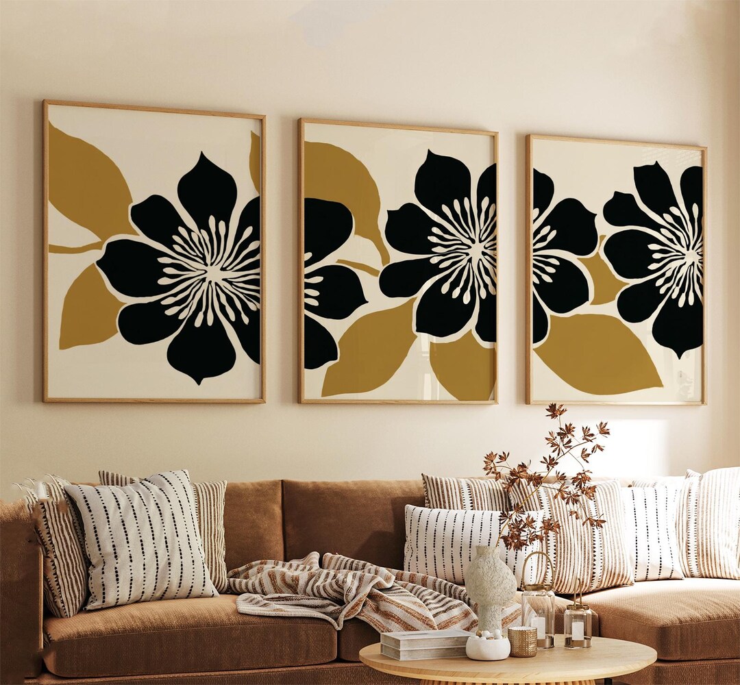 Black and Gold Floral Poster Set | Abstract Botanical Wall Art With ...