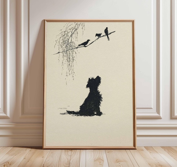 Minimalist Dog Wall Art, Black Silhouette Dog and Birds Poster, Scandinavian Animal Print, Modern Pet Lovers Home Decor