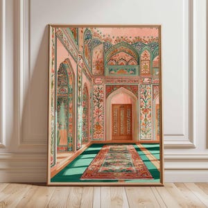 May include: A framed art print depicting an ornate interior with archways, floral patterns, and a patterned rug. The walls are a soft pink with teal and red accents. The floor is green, and the artwork is in a wooden frame.