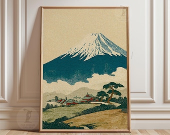 Mount Fuji Poster | Japanese Woodblock Landscape Art, Teal & Gold