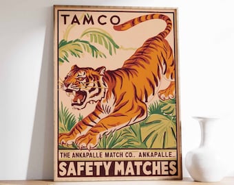 Impresión vintage de tigre, póster de tigre indio, arte de caja de cerillas, impresión de animal, póster de animales, arte animal, decoración tropical, arte de la selva, impresión de tigre