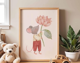 Mouse with Flower Nursery Poster | Whimsical Animal Wall Art