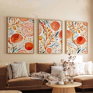 Retro Floral Pattern Set of 3 Posters, Mid Century Modern Floral Prints, Boho Living Room Decor, Bold Botanical Poster Set, Aesthetic Art