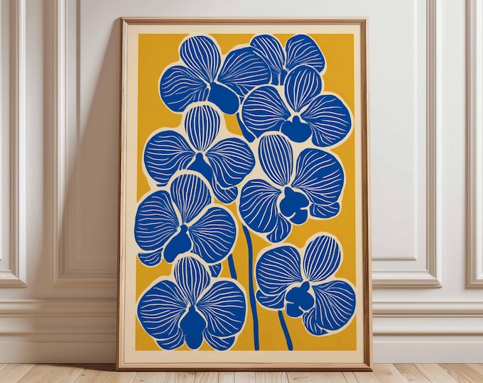 Orchid Wall Art Print, Bold Blue Floral Poster, Modern Botanical Home Decor, Colorful Flower Illustration, Mid Century Style Artwork