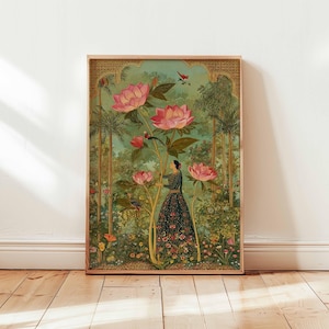 May include: A framed art print depicting a woman in a floral dress tending to large pink lotus flowers in a lush garden. The artwork features birds, palm trees, and a detailed, ornate border, creating a serene and detailed scene.