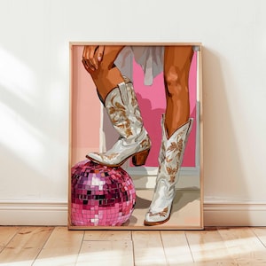 Pink Cowgirl Boots Disco Ball Poster, Western Wall Art, Retro Country Girl Decor, Floral Cowboy Boot Illustration for Bedroom or Studio