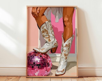 Pink Cowgirl Boots Disco Ball Poster, Western Wall Art, Retro Country Girl Decor, Floral Cowboy Boot Illustration for Bedroom or Studio