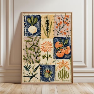 Könnte beinhalten: Ein rechteckiger Wandkunstdruck in einem Holzrahmen mit einem Raster aus neun Quadraten. Jedes Quadrat zeigt eine andere botanische Illustration, darunter ein weißer Rettich, Weizen, orangefarbene Beeren, grüne Blätter und Früchte.