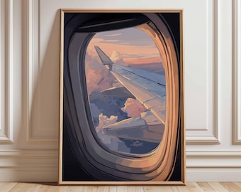 Flugzeug Fenster Sonnenuntergang Druck, Luftfahrt Reise Poster