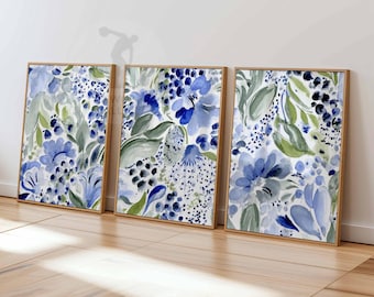 Blue Floral Watercolor Art Prints, Botanical Wall Decor Set