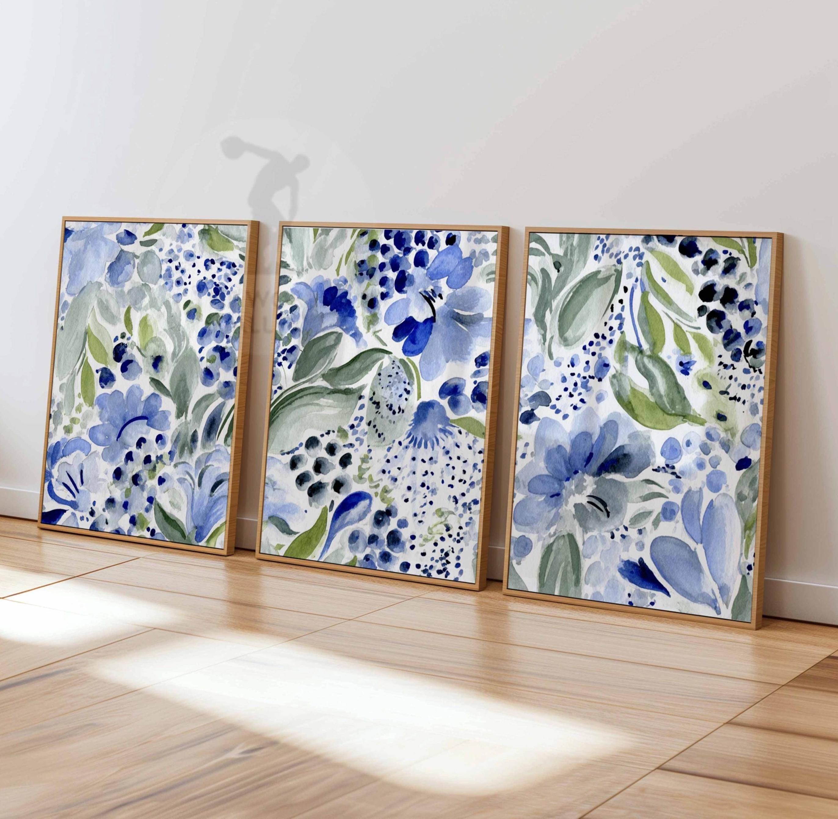 Set of 3 Watercolor Floral Wall Art Prints, Blue Botanical Posters ...