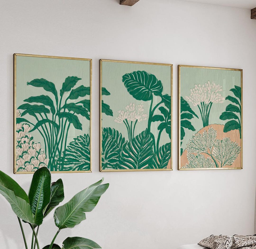 Green Botanical Poster Set | Tropical Plant Triptych Wall Art Leaf ...