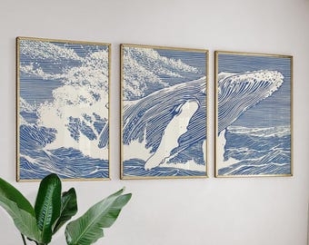 Conjunto de 3 pôsteres de baleias do oceano azul, impressões em tinta japonesa.