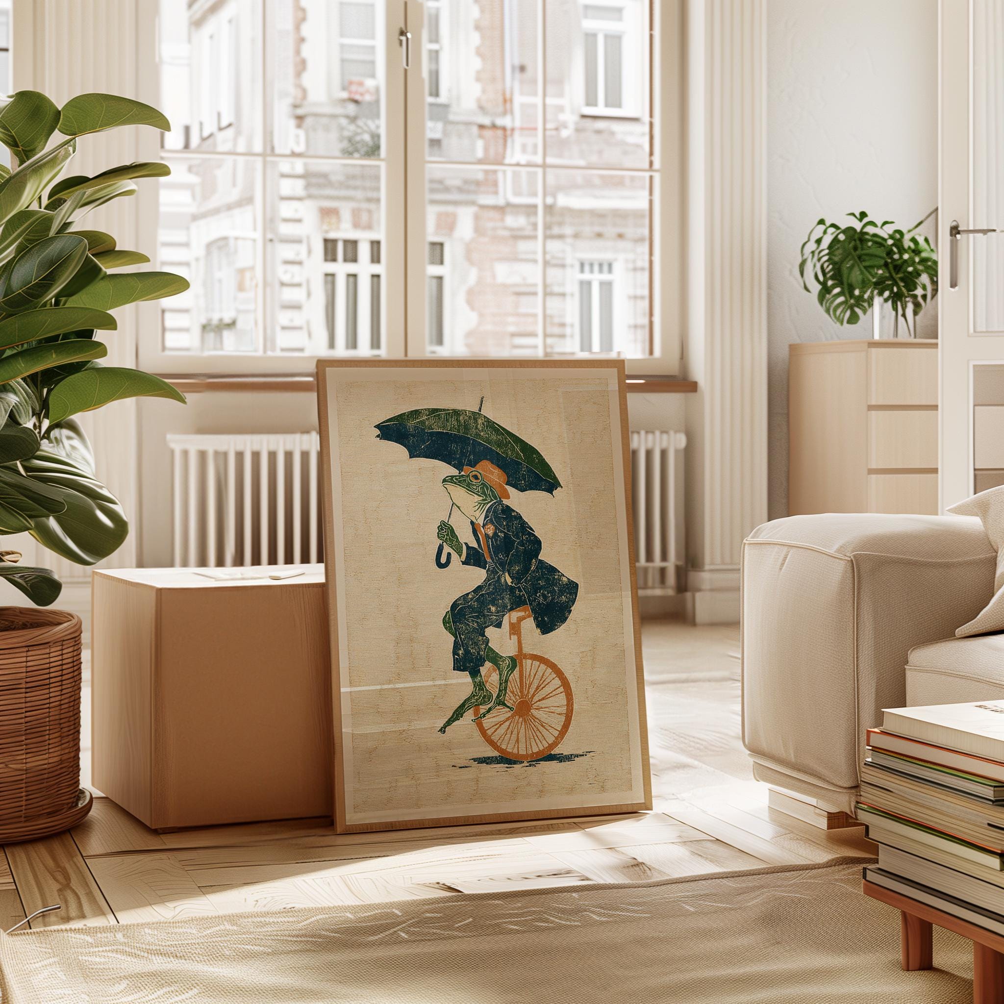 Frog on Unicycle Poster, Vintage Green Textured Illustration Art