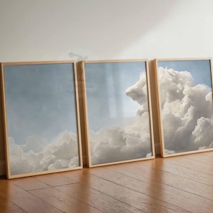 Juego de 3 impresiones de arte de pared con nubes para dormitorio, pósteres de nubes blancas y cielo beige, decoración vintage para el hogar, juego de 3 pósteres grandes, decoración de dormitorio
