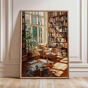 May include: A framed painting depicts a cozy library scene. Sunlight streams through a large window, illuminating a comfortable armchair, a round coffee table with books and a cup of coffee, and floor-to-ceiling bookshelves filled with books. The color palette is warm, with browns, tans, and yellows.