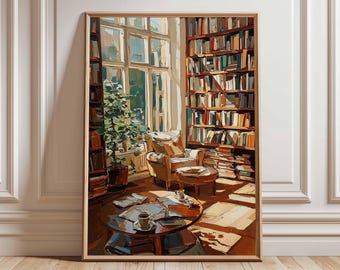 Cozy Reading Room Art Print | Impressionist Library Poster | Book Lover Wall Art | Warm Home Decor | Rustic Study Painting Style Print