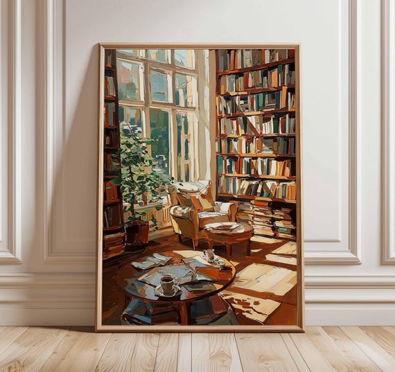 Cozy Reading Room Art Print | Impressionist Library Poster | Book Lover Wall Art | Warm Home Decor | Rustic Study Painting Style Print
