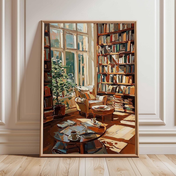 Cozy Reading Room Art Print | Impressionist Library Poster | Book Lover Wall Art | Warm Home Decor | Rustic Study Painting Style Print