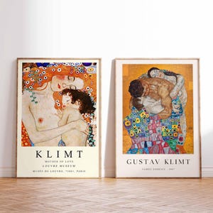グスタフ・クリムトのアートプリント、母と子のポスター、家族の抱擁の壁アート、クラシックなアールヌーボーの装飾、ロマンチックなファインアートプリントセット