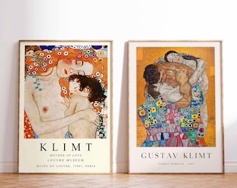 May include: Two framed art prints of paintings by Gustav Klimt. The left print features a painting of a mother and child embracing, titled "Mother of Love" and the right print features a painting of a family embracing, titled "Family Embrace 190?"
