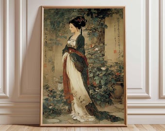 May include: A framed print of a woman in traditional Asian attire, standing in a garden setting. The artwork features a color palette of greens, browns, and creams, with detailed brushstrokes. The woman is wearing a long white dress with a dark green and red overcoat.